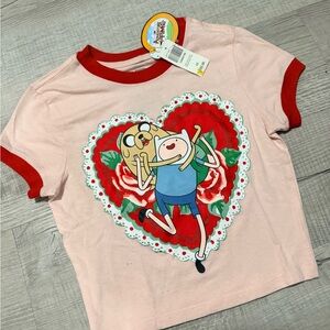 Adventure Time Pink Tee with Red Trim and Heart Graphic
